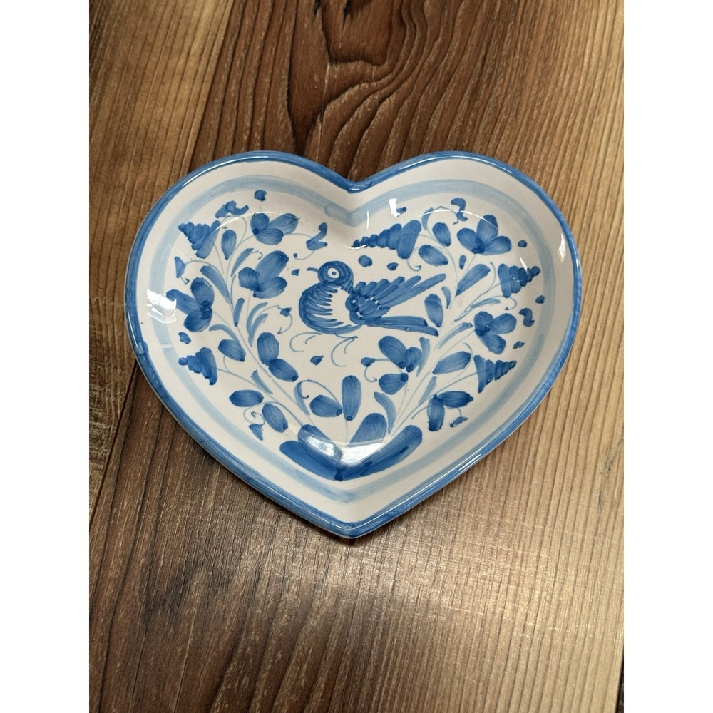 HEART SHAPED HAND-PAINTED TRINKET DISH WITH BLUE FLORAL BIRD DESIGN ~ ITALY